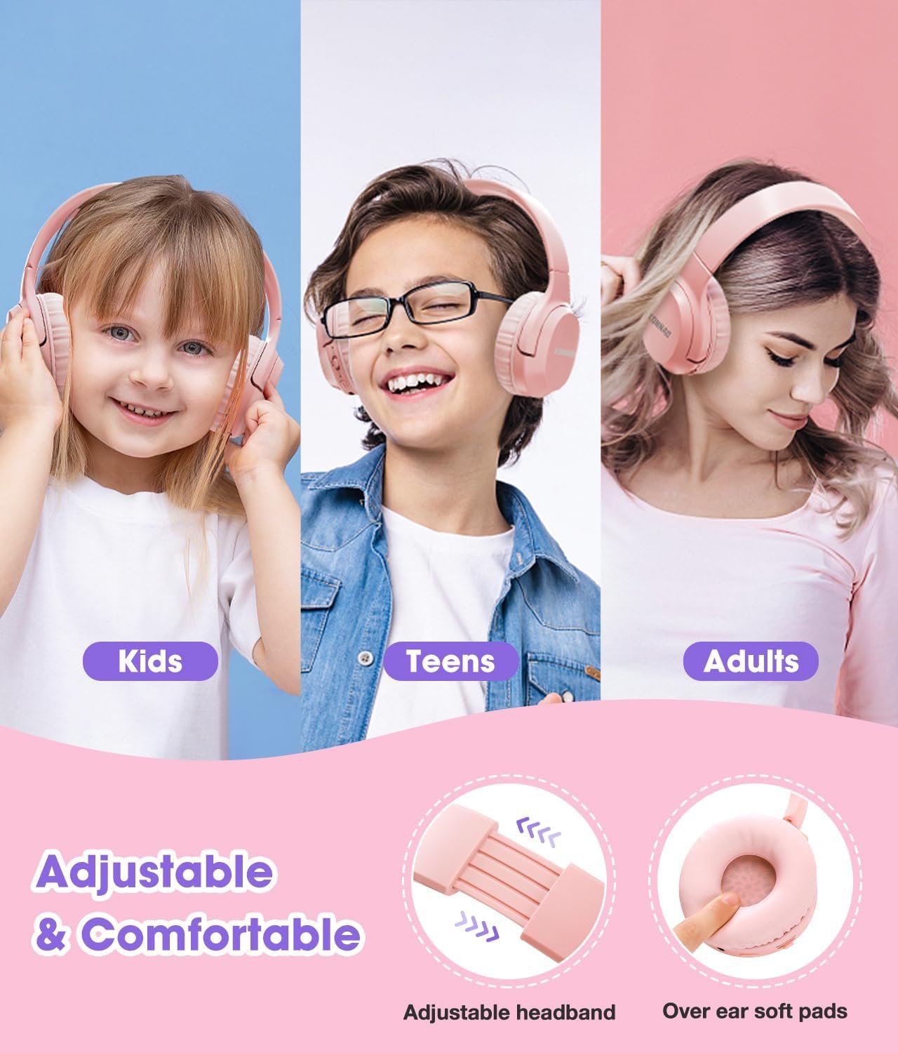 Kids Headphones Wireless 60H, Foldable On Ear Headphone with MIC, Volume Limiter 85dB/94dB Wireless & Wired Headphones, Over-Ear Headphone for Kid Adult School Online Class Travel, Pink - Image 6