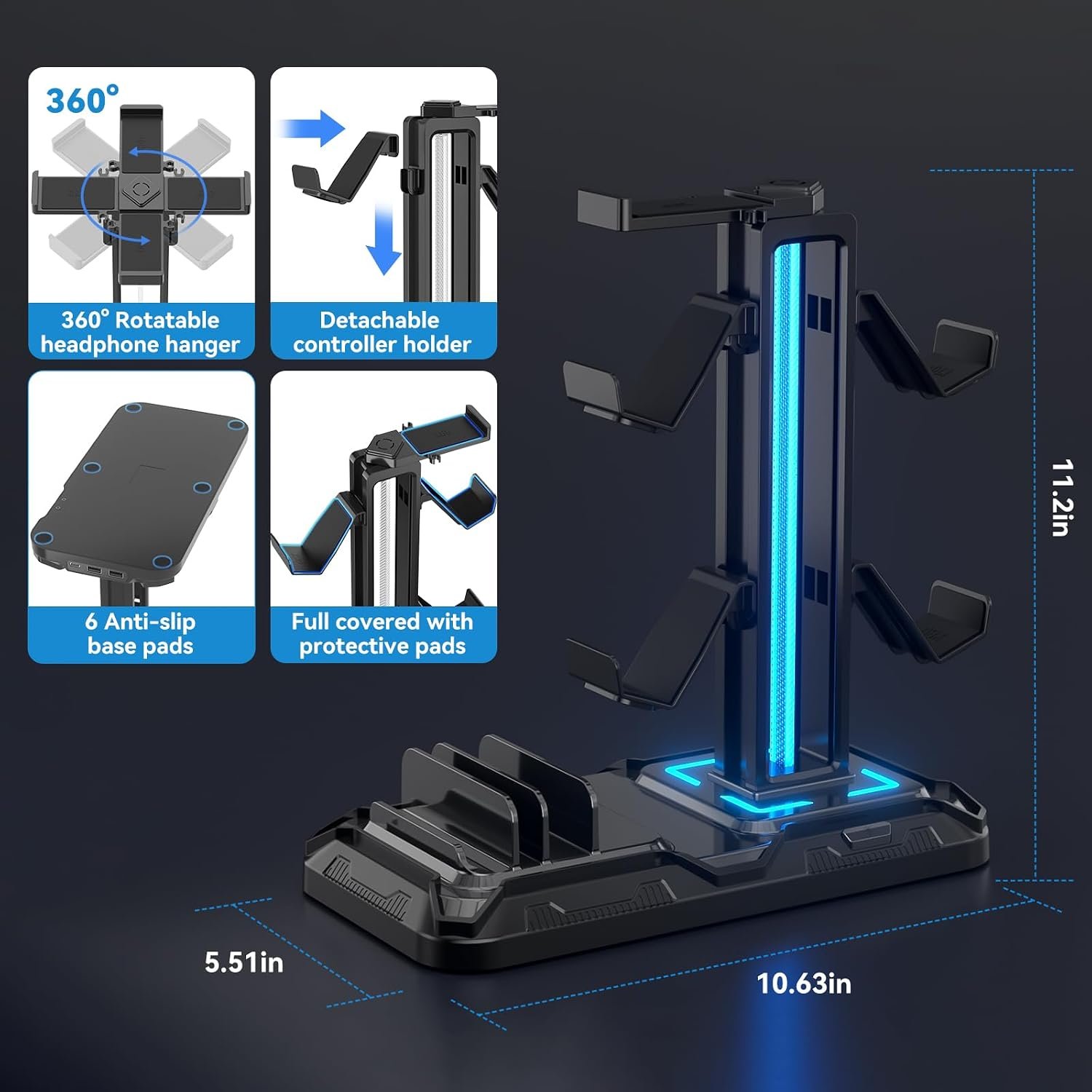 KDD Headset Stand with Charging Station - Detachable Headset Controller Holder Stand with 9 Light Modes, Rotatable Headphone Hanger with USB Charging Ports for PC Gaming Accessories Storage (Black) - Image 6