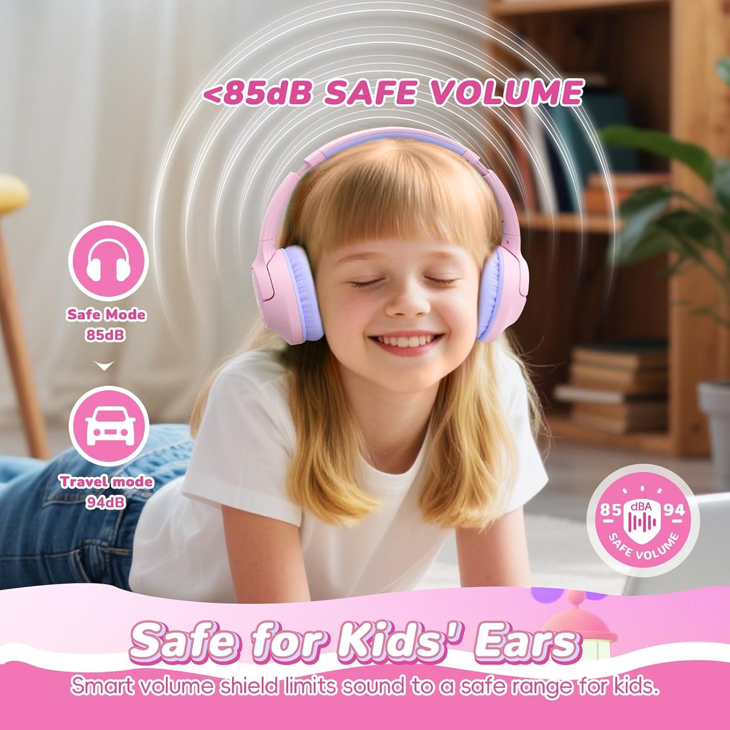 Kids Headphones Wireless with LED Lights 85H Playtime for Toddler Girl Pink - Image 4