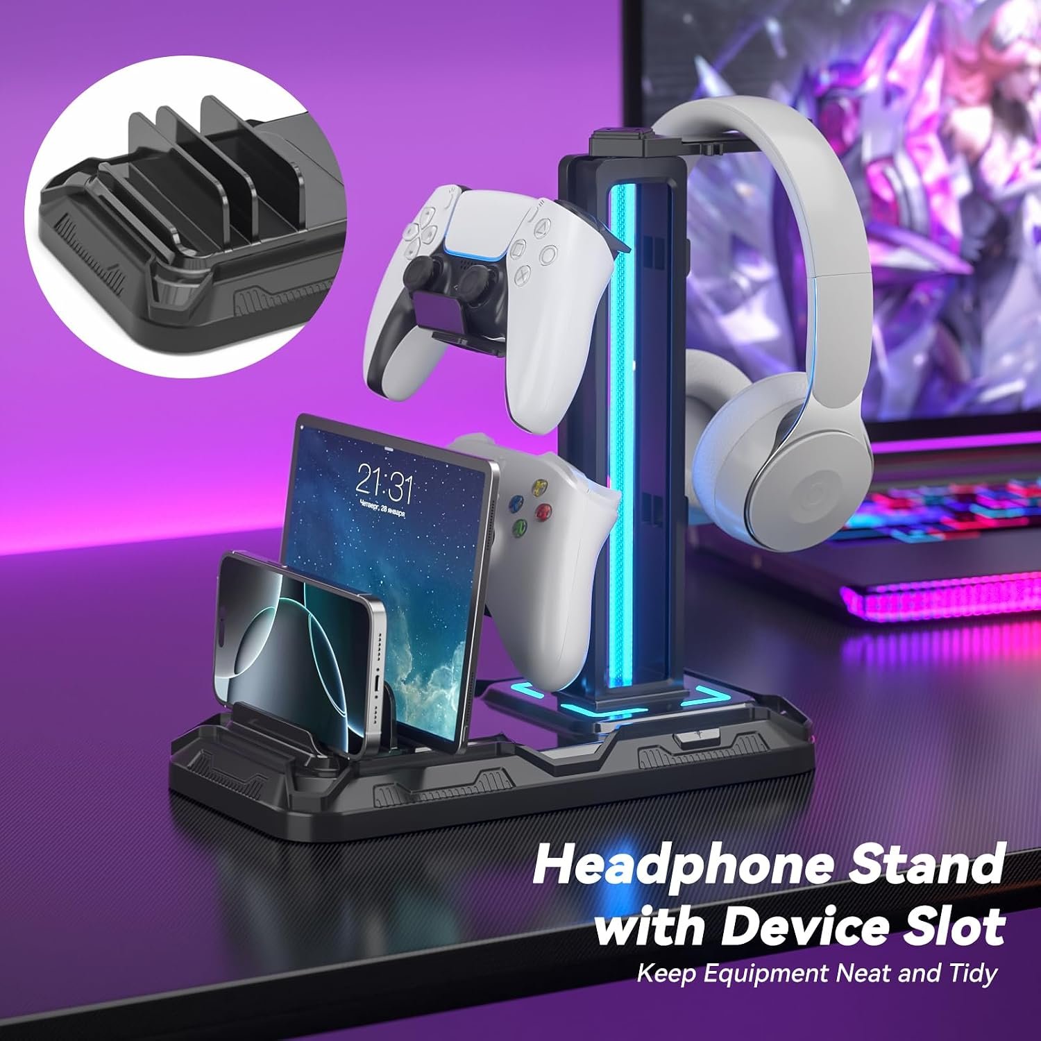 KDD Headset Stand with Charging Station - Detachable Headset Controller Holder Stand with 9 Light Modes, Rotatable Headphone Hanger with USB Charging Ports for PC Gaming Accessories Storage (Black) - Image 2