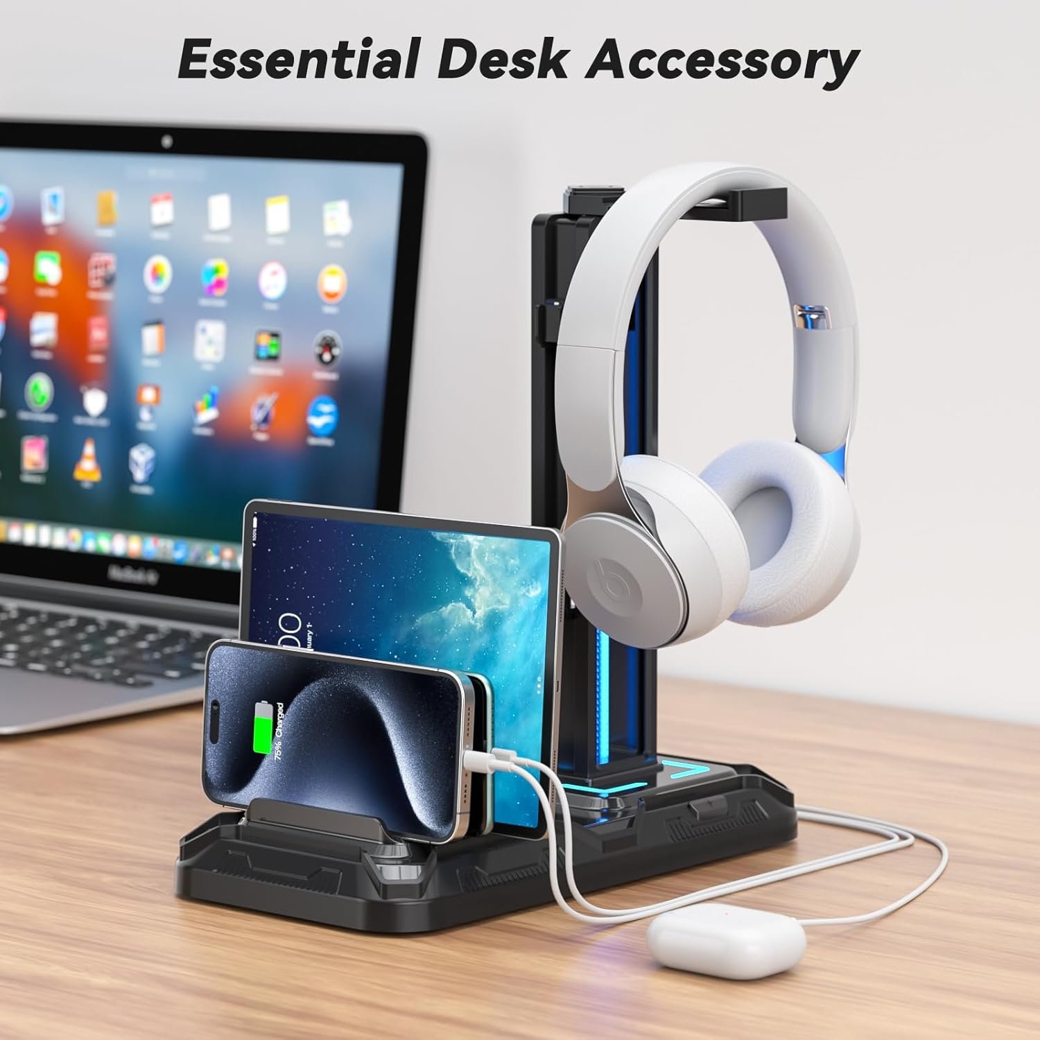 KDD Headset Stand with Charging Station - Detachable Headset Controller Holder Stand with 9 Light Modes, Rotatable Headphone Hanger with USB Charging Ports for PC Gaming Accessories Storage (Black) - Image 8
