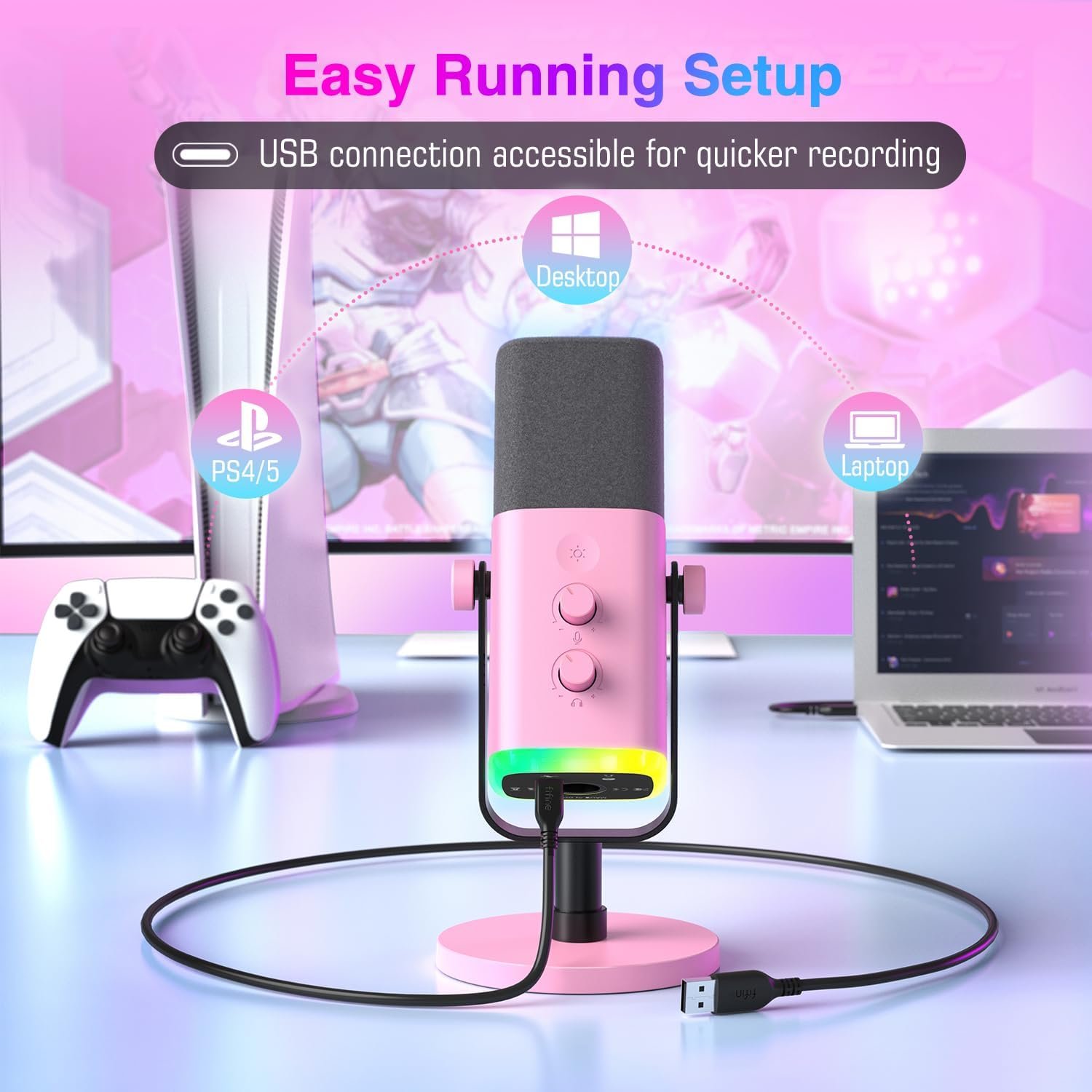 FIFINE AM8P Pink Gaming XLR/USB Microphone - Image 3