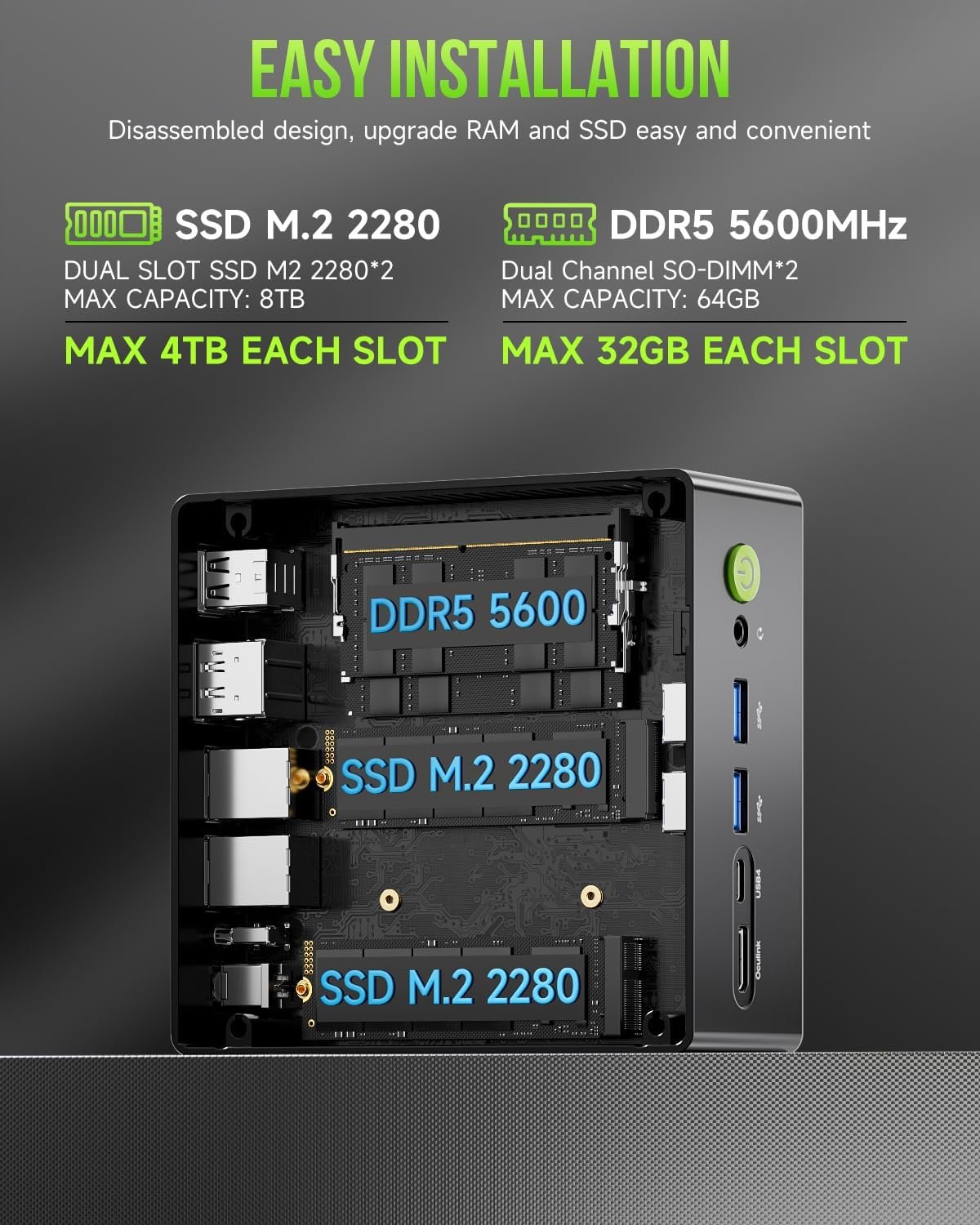 GMKtec K11 AMD Ryzen 9 Gaming Mini PC 8945HS(8C/16T, Up to 5.2GHz) W-11 Pro, 32GB DDR5 RAM 1TB Mini Desktop PC Computer, Oculink, Dual NIC 2.5GbE LAN, HDMI/DisplayPort/USB4*2 - Image 4