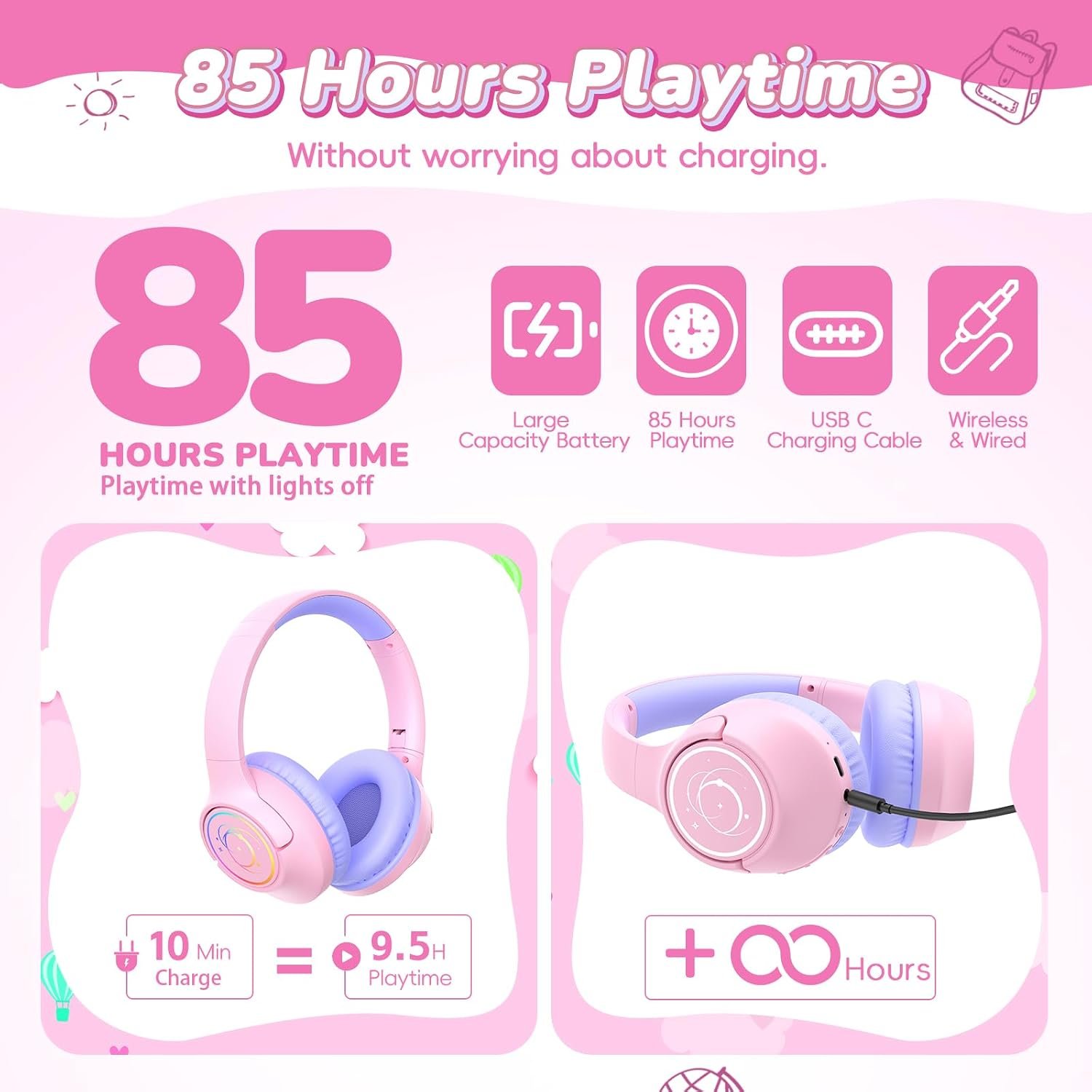 Kids Headphones Wireless with LED Lights 85H Playtime for Toddler Girl Pink - Image 2