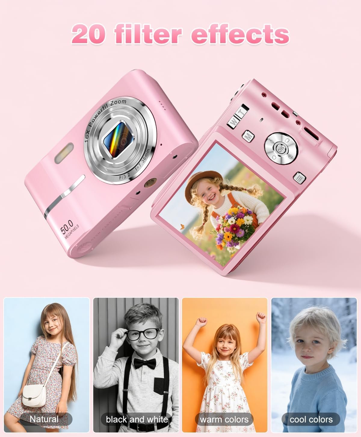 Digital Camera, 1080P FHD Vlogging Camera 50MP Compact Portable Photo Camera with 2.4" Screen, 16X Digital Zoom Mini Small Pocket Camera for Kids Students with 1 Battery, 16GB Card (Pink) - Image 7