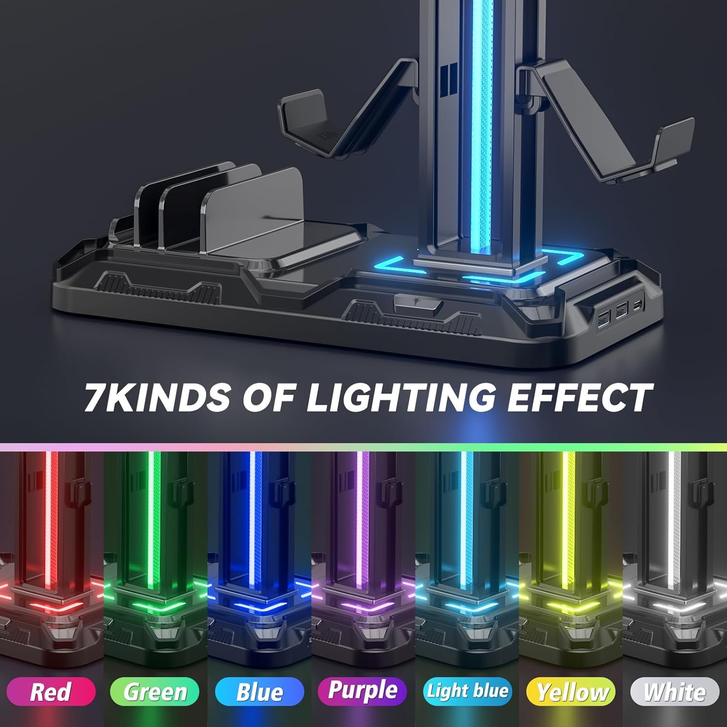 KDD Headset Stand with Charging Station - Detachable Headset Controller Holder Stand with 9 Light Modes, Rotatable Headphone Hanger with USB Charging Ports for PC Gaming Accessories Storage (Black) - Image 4