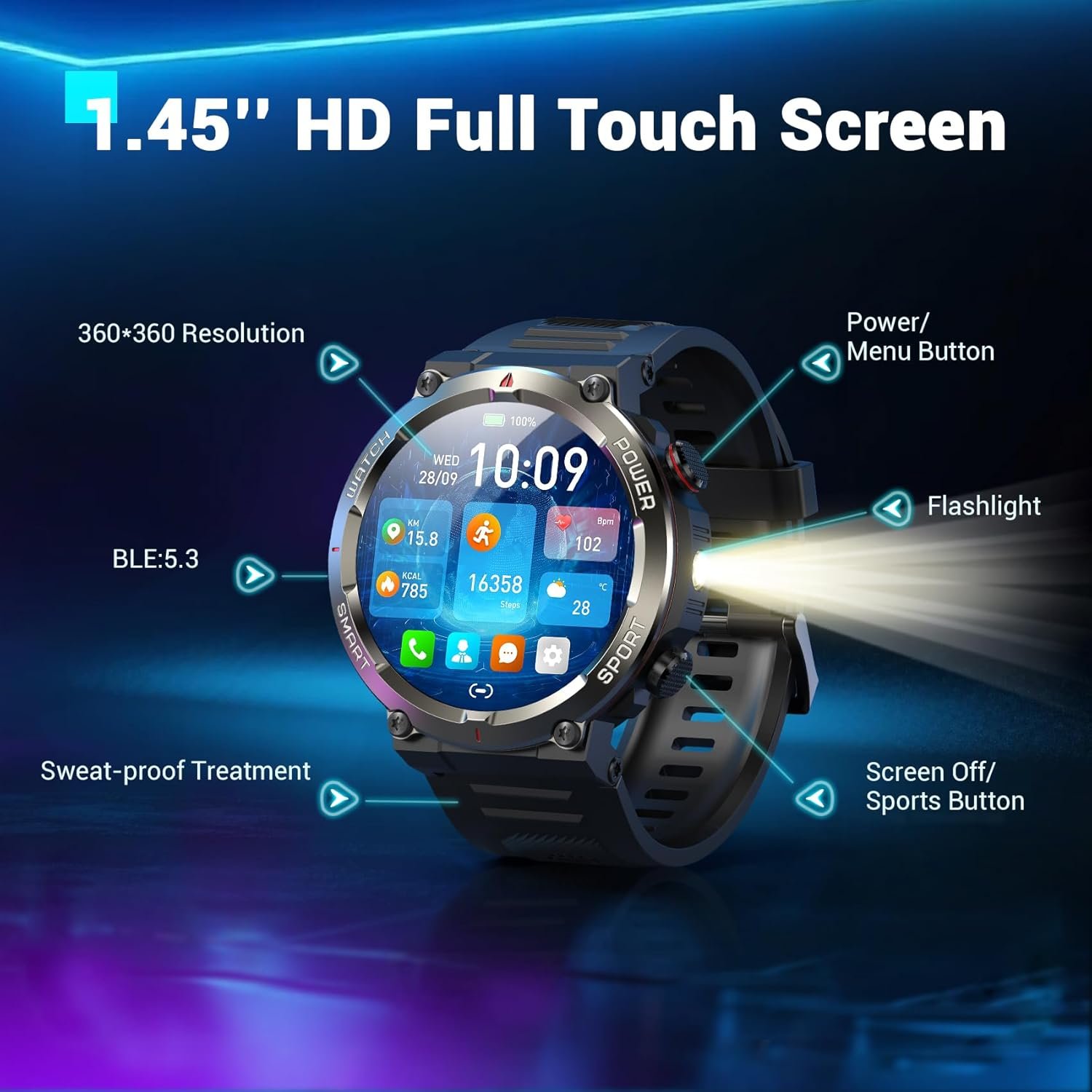 Blackview Military Smart Watch for Men (Answer/Make Calls), 1.45" Fitness Tracker with 100-Day Battery/Flashlight/Compass/Heart Rate/SpO2/Sleep, 150+ Sports IP68 Waterproof Smartwatch for iOS Android - Image 2