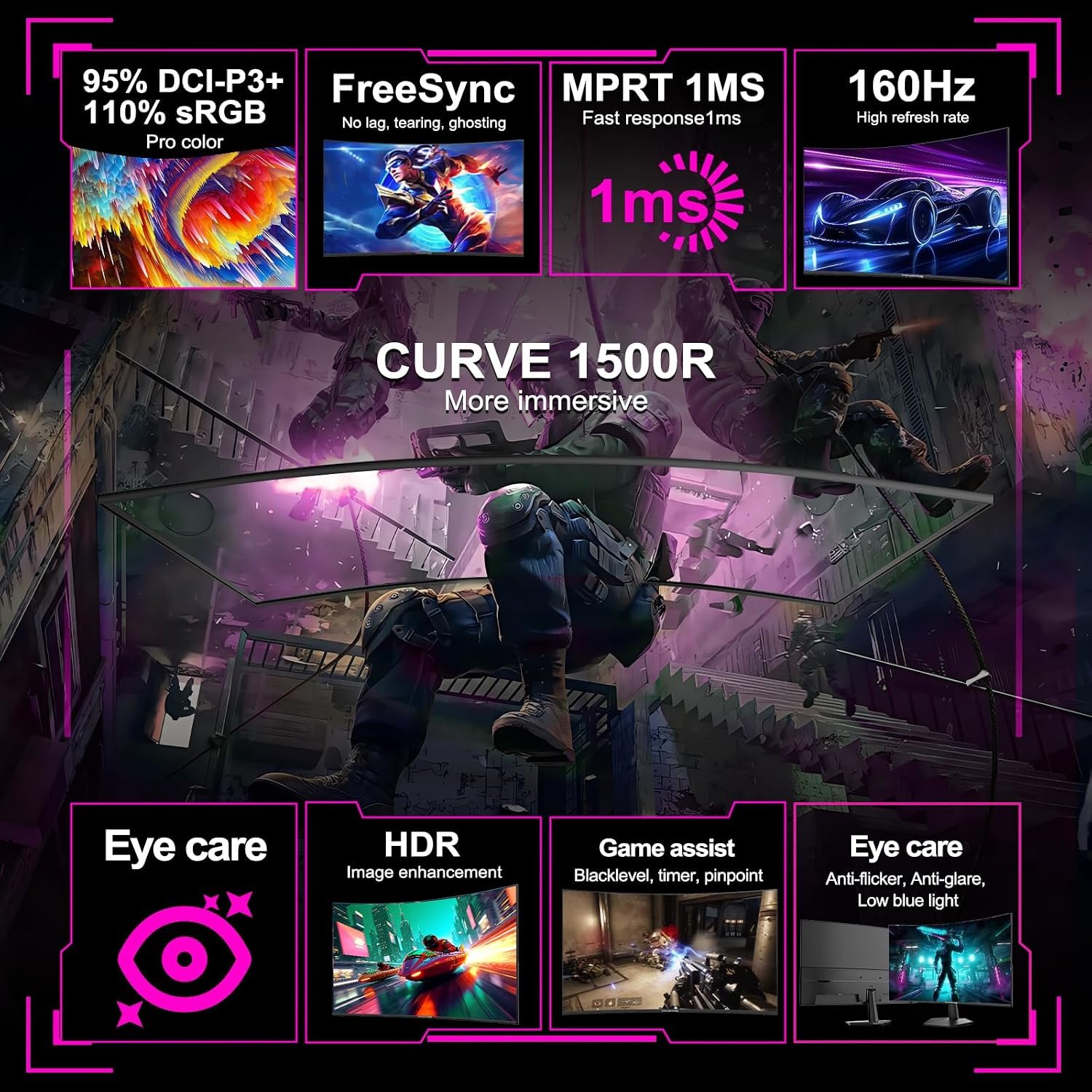 Minifire 27 Inch Curved Gaming Monitor 160Hz,FHD 1920x1080,HDMI&DP Prots - Image 8