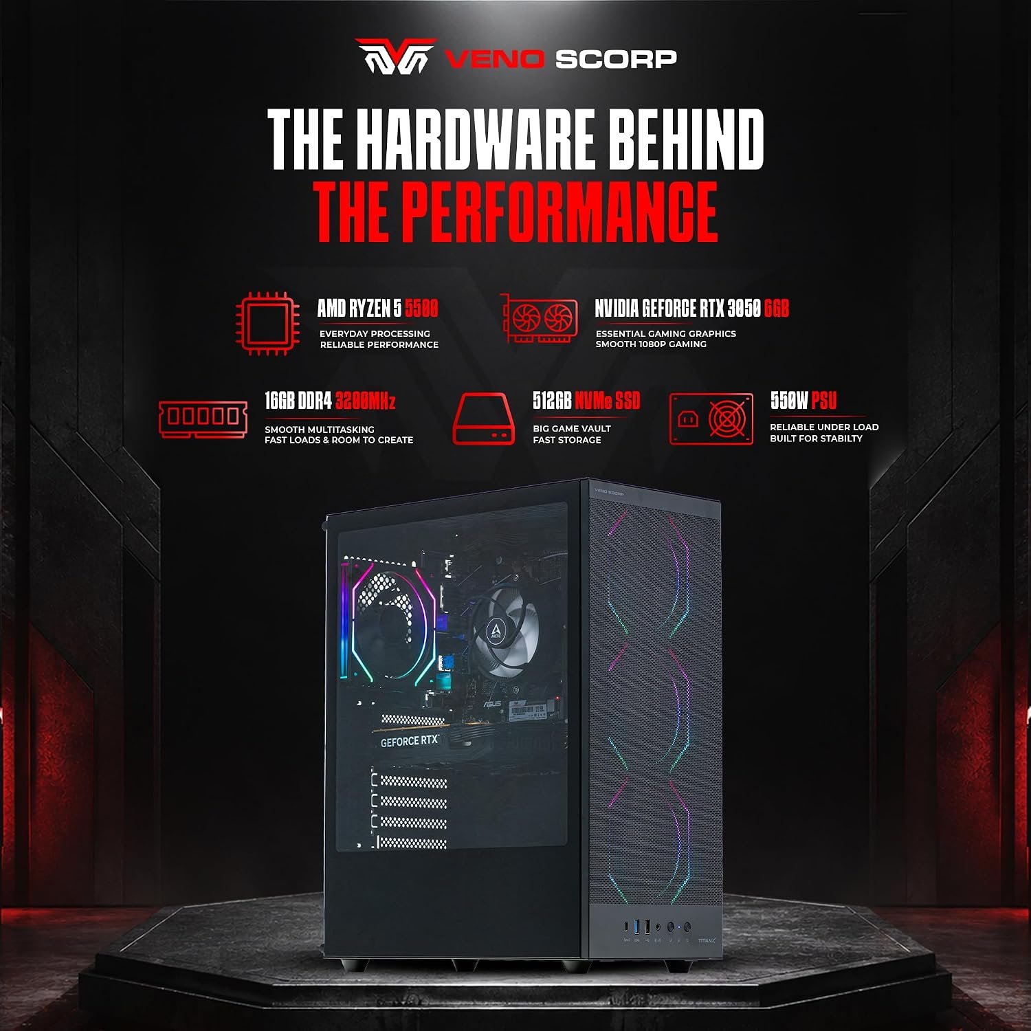 Veno Scorp Gaming PC AMD Ryzen 5 5500 Processor RTX 3050 6GB Graphics Card - 16GB 3200MHz Ram - 512GB NVMe SSD - 550W PSU - Windows 11 - WiFi - Titan 4 - Image 5