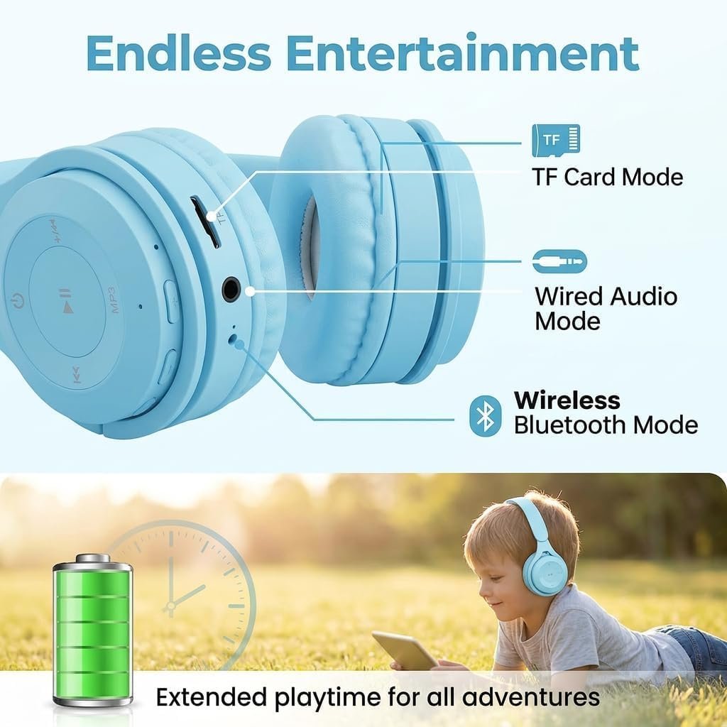 Kids Wireless Headphones Bluetooth 5.0, 60H Play Time, 74/85 dBA, Blue - Image 4