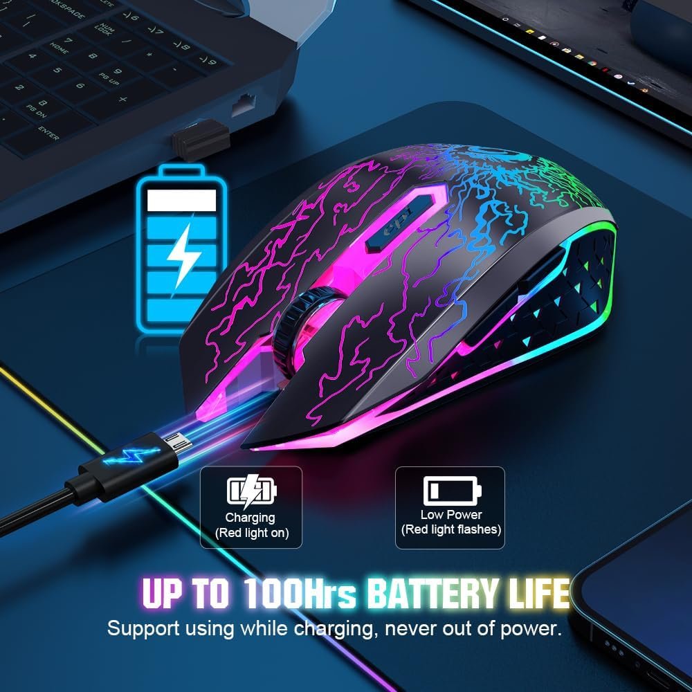 VersionTECH. Wireless Gaming Mouse, Rechargeable Computer Mouse Mice with Colorful LED Lights, Silent Click, 2.4G USB Nano Receiver, 3 Level DPI for PC Gamer Laptop Desktop Chromebook Mac -Black - Image 6