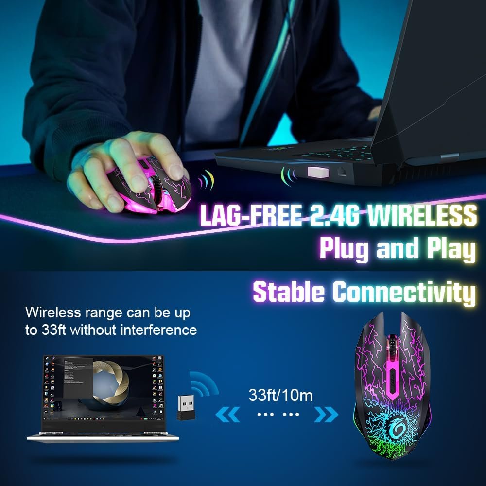 VersionTECH. Wireless Gaming Mouse, Rechargeable Computer Mouse Mice with Colorful LED Lights, Silent Click, 2.4G USB Nano Receiver, 3 Level DPI for PC Gamer Laptop Desktop Chromebook Mac -Black - Image 3