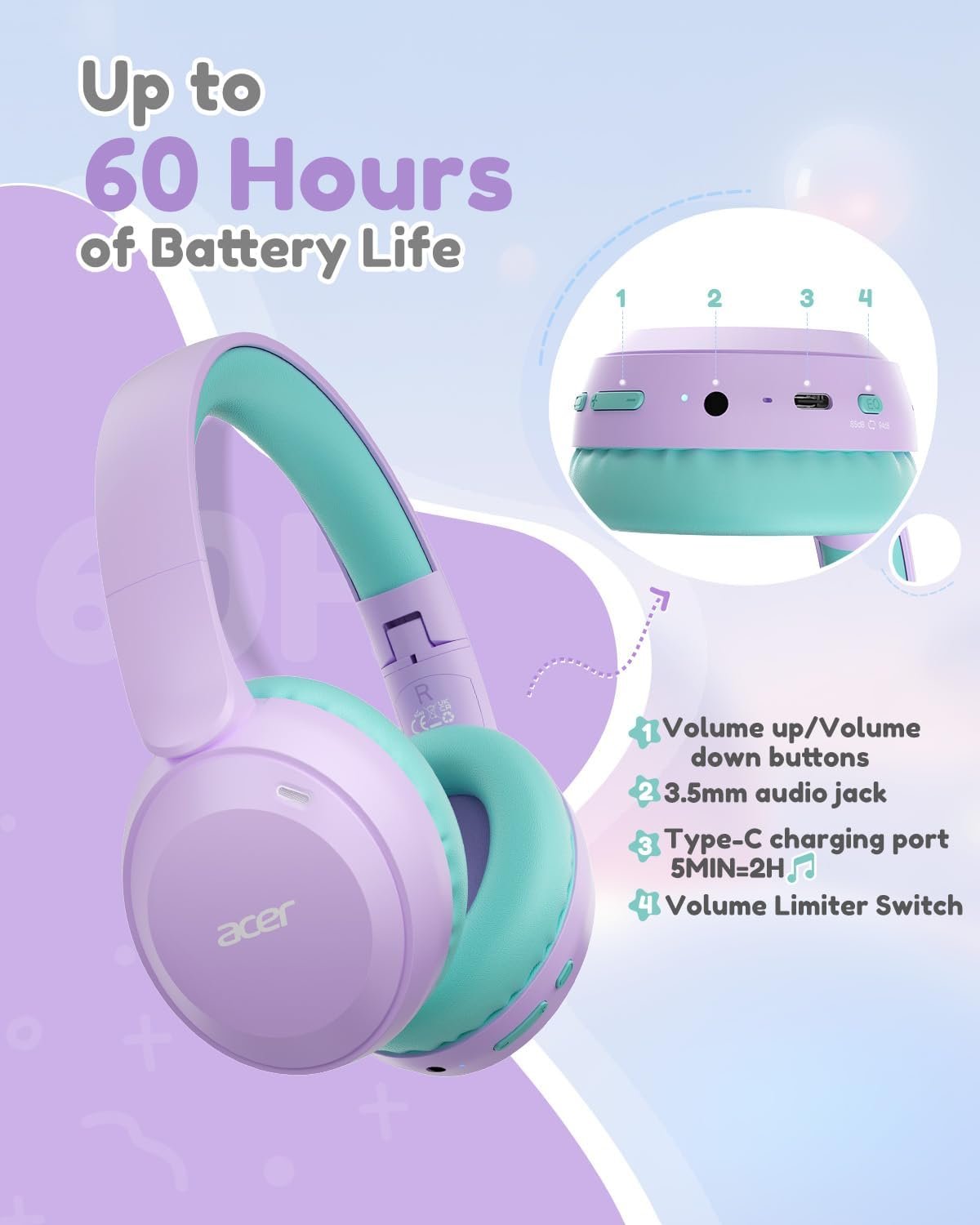 Acer Kids Headphones Wireless, Foldable, with 85/94dB Volume Limiter - Image 7