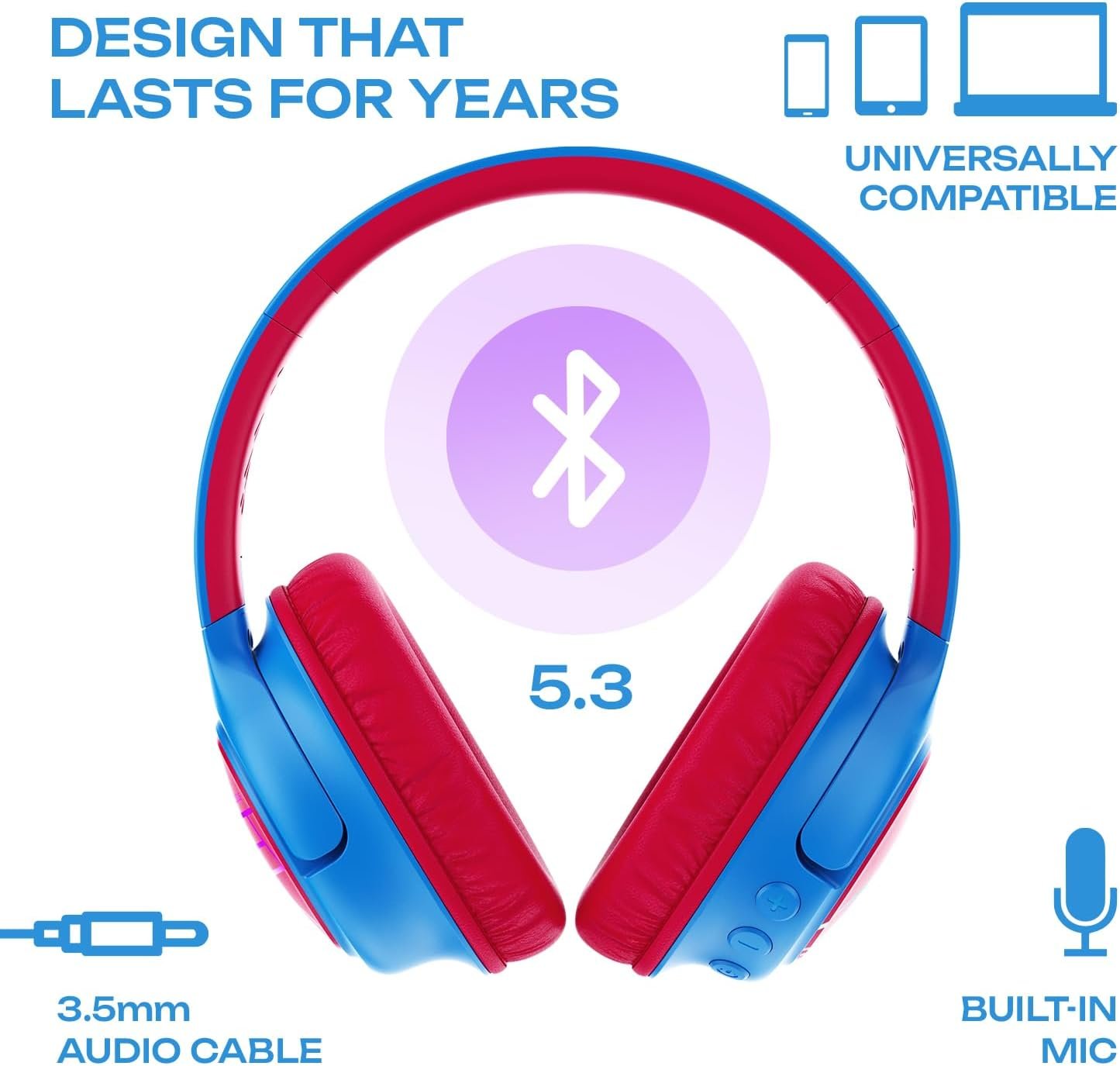 PowerLocus Kids Wireless Headphones, Bluetooth Kids Headphones LED Lights Over Ear with 74/85/94dB Volume Limited, 45H Playtime,Built-in Mic, Two Device Share Mode, HD Stereo for Travel/PC/Tablet - Image 8