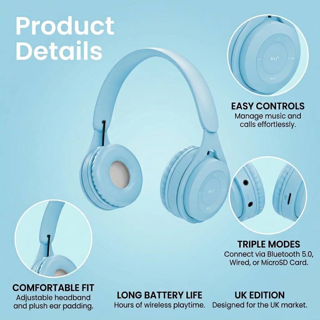 Kids Wireless Headphones Bluetooth 5.0, 60H Play Time, 74/85 dBA, Blue - Image 5