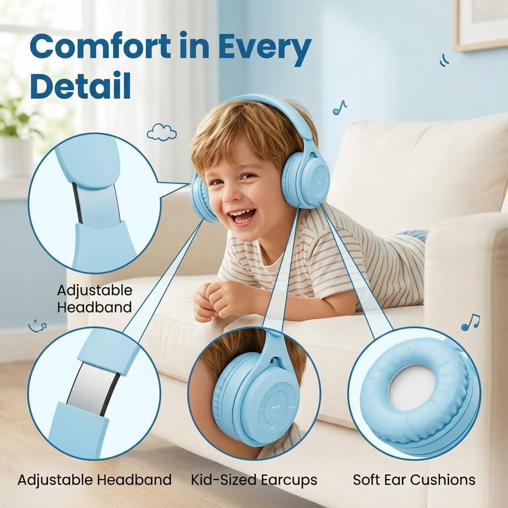 Kids Wireless Headphones Bluetooth 5.0, 60H Play Time, 74/85 dBA, Blue - Image 7