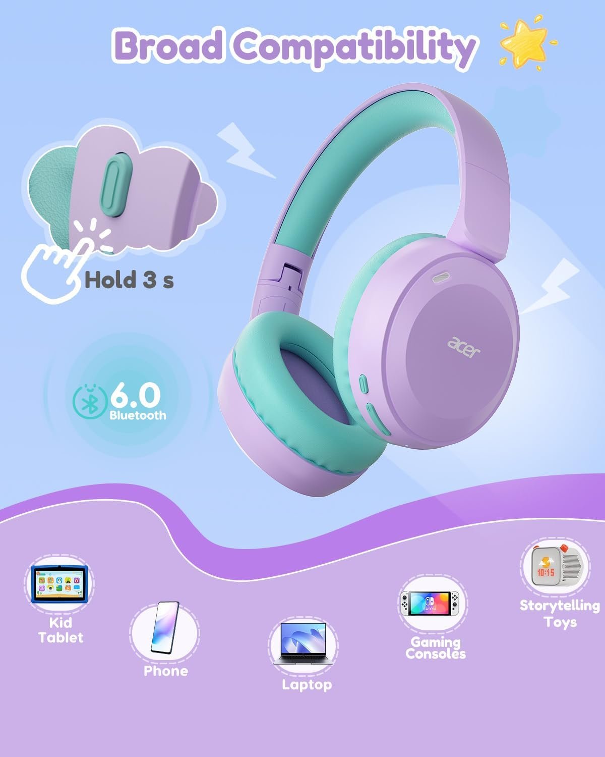 Acer Kids Headphones Wireless, Foldable, with 85/94dB Volume Limiter - Image 6