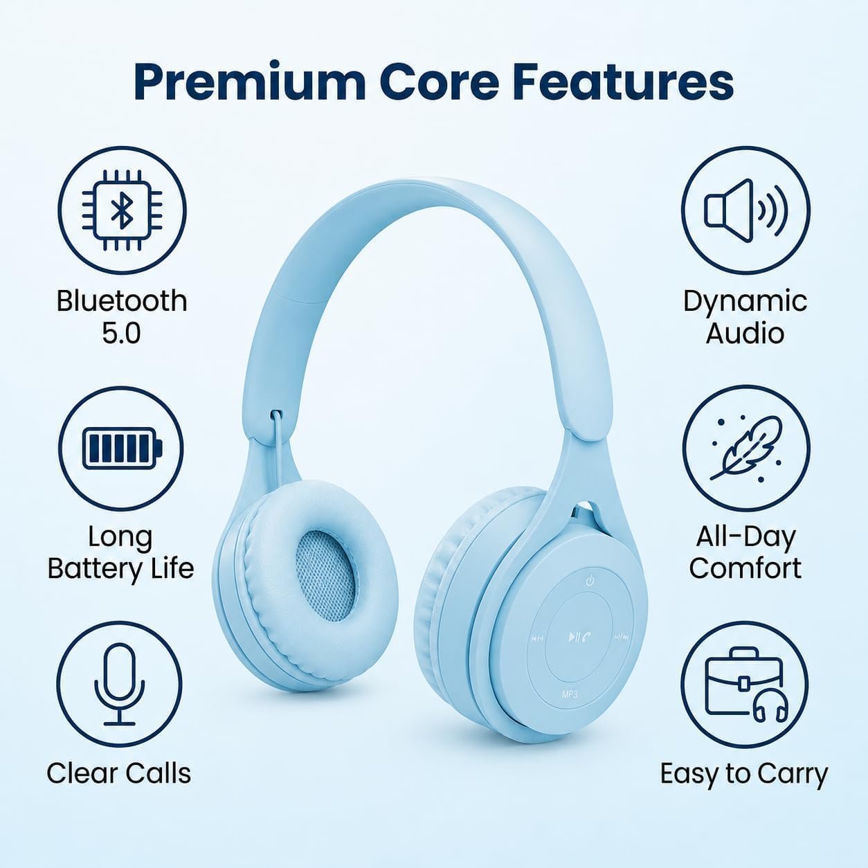 Kids Wireless Headphones Bluetooth 5.0, 60H Play Time, 74/85 dBA, Blue - Image 3