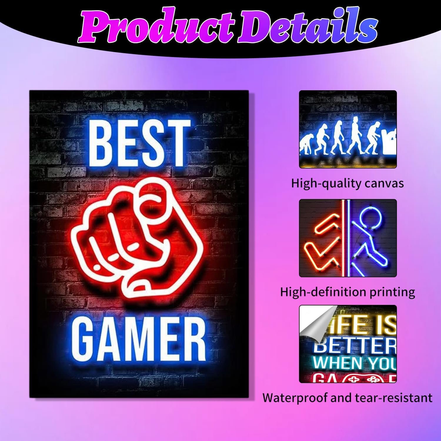 Nhemeylp Gaming Posters Set of 4, Neon Gaming Wallpaper Canvas Painting Prints for Boys Room, Unframed Gamer Wall Art for Kids Bedroom Home Decoration, 8"x10" (Pattern B) - Image 3