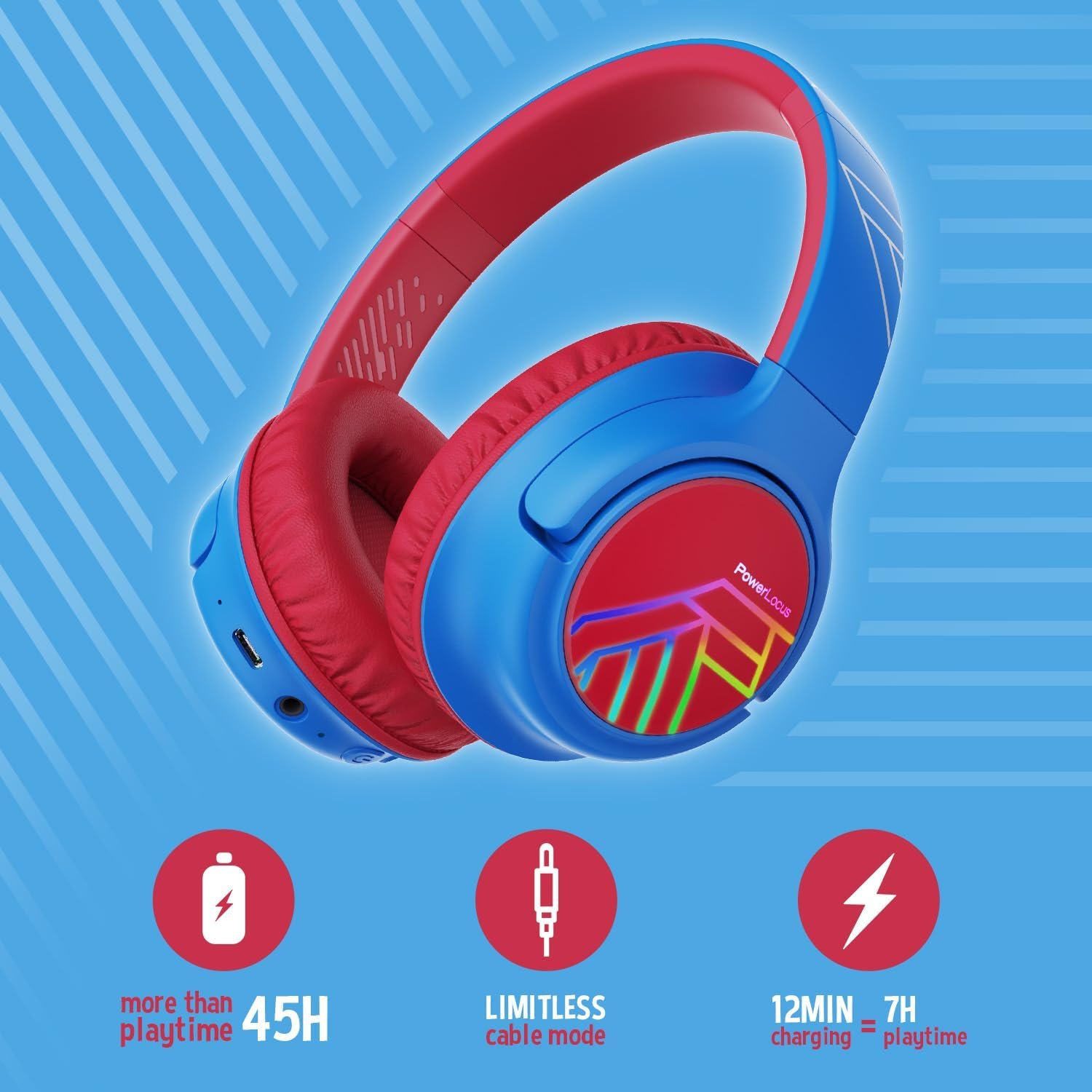 PowerLocus Kids Wireless Headphones, Bluetooth Kids Headphones LED Lights Over Ear with 74/85/94dB Volume Limited, 45H Playtime,Built-in Mic, Two Device Share Mode, HD Stereo for Travel/PC/Tablet - Image 2