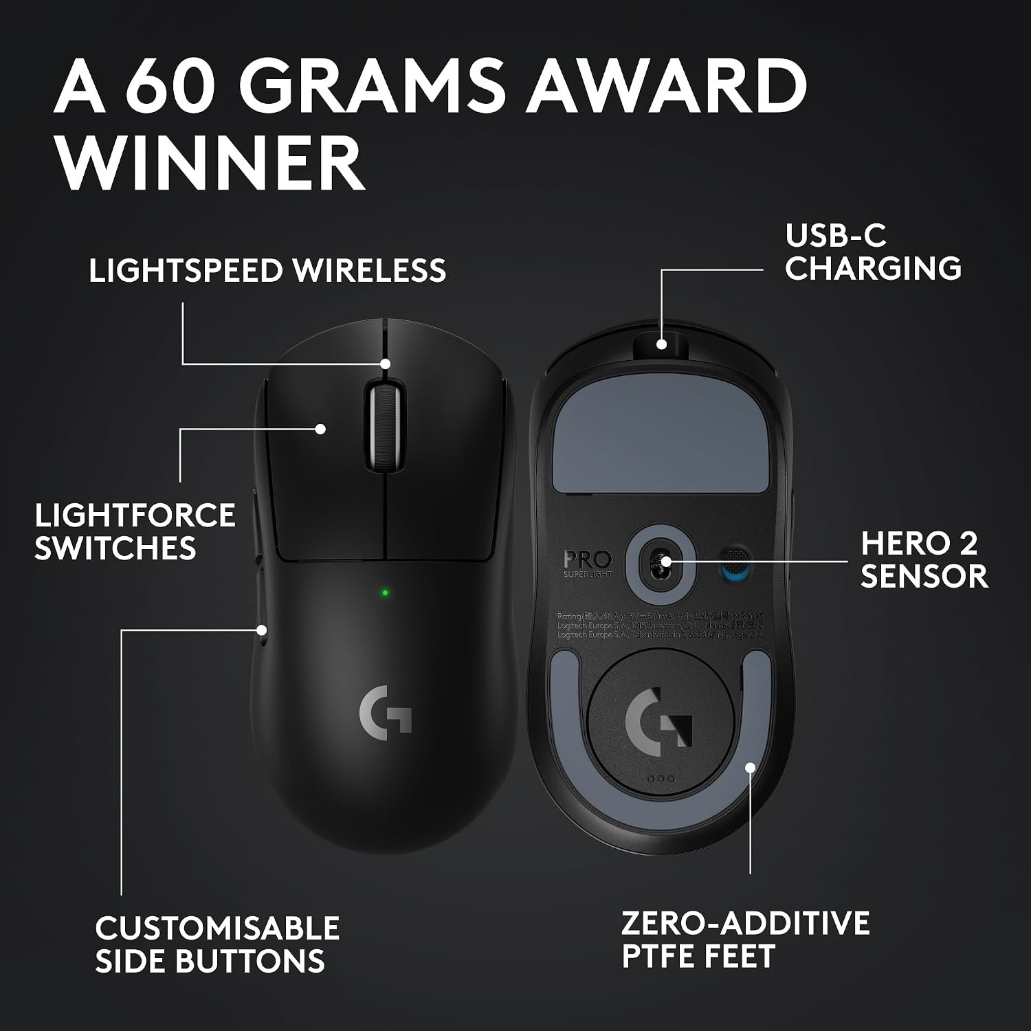 Logitech G PRO X SUPERLIGHT 2 wireless gaming mouse, 60 g pro-grade mouse with 5 programmable buttons, 44k DPI sensor, 8 kHz report rate, USB-C charging for PC/Mac - Black - Image 6