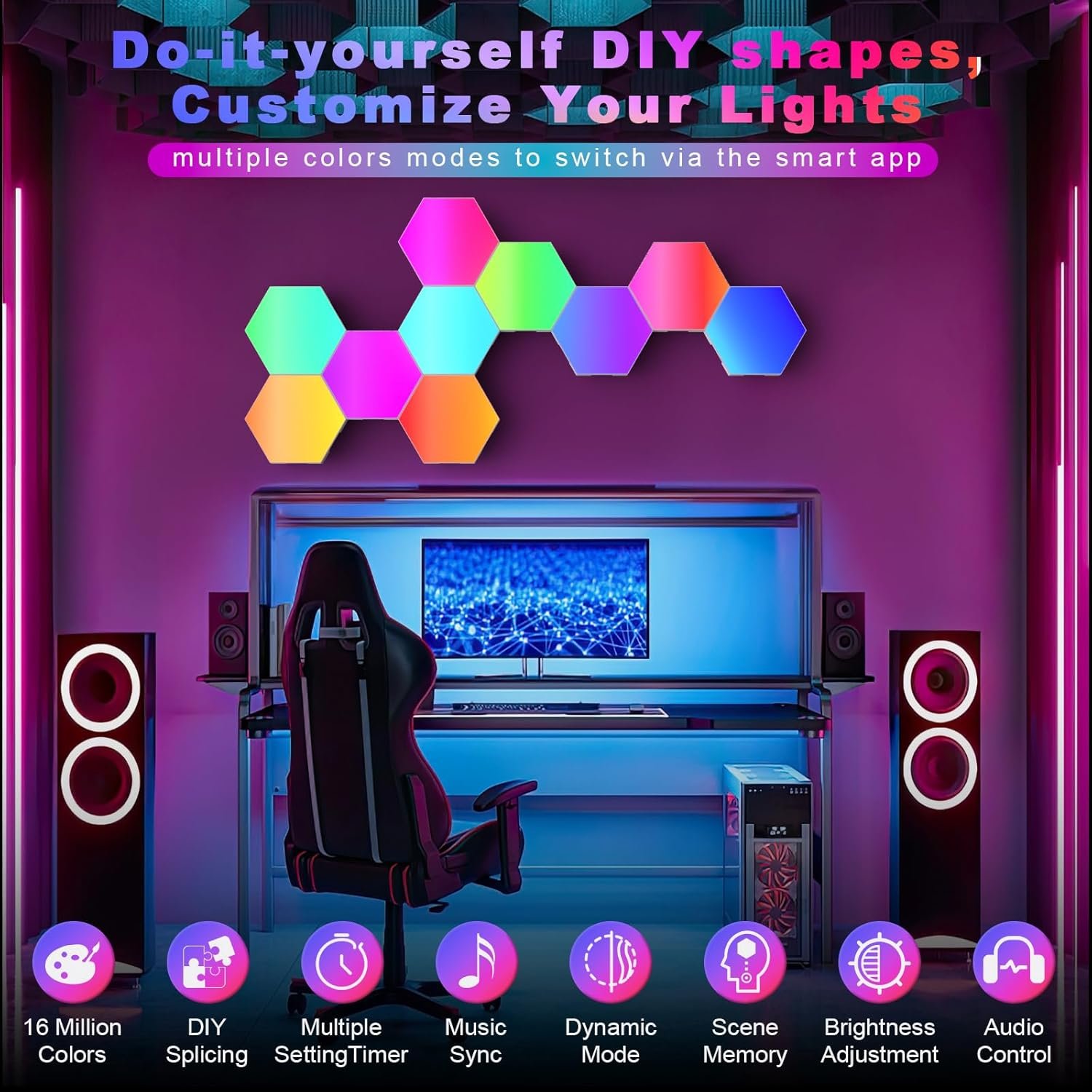 PUMPKINS Hexagon LED Lights, 10 Pack RGB Hex Wall Light, Panel Size 8 cm - Image 2