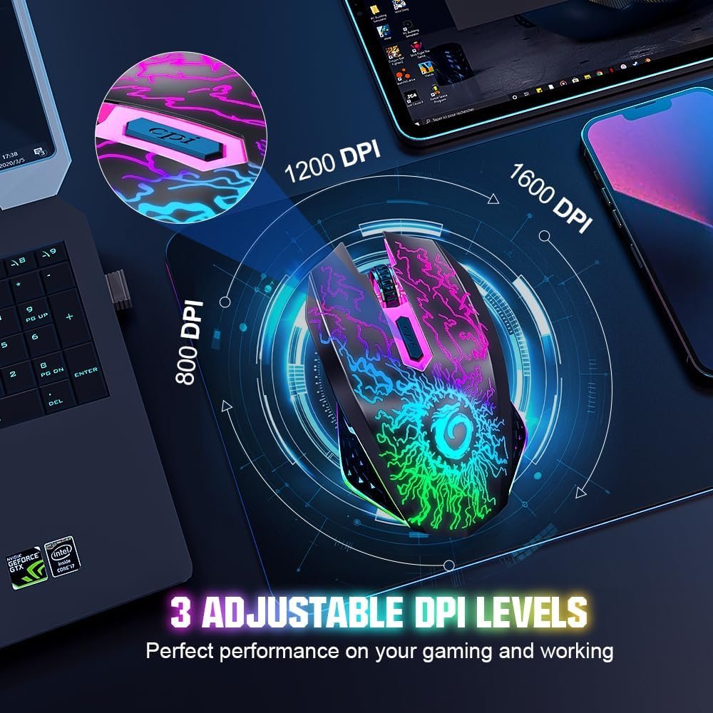 VersionTECH. Wireless Gaming Mouse, Rechargeable Computer Mouse Mice with Colorful LED Lights, Silent Click, 2.4G USB Nano Receiver, 3 Level DPI for PC Gamer Laptop Desktop Chromebook Mac -Black - Image 5