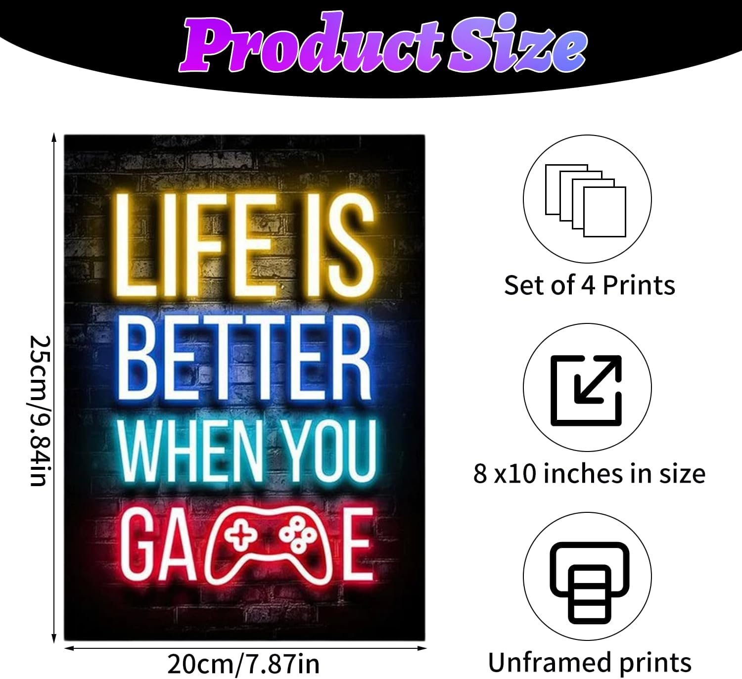 Nhemeylp Gaming Posters Set of 4, Neon Gaming Wallpaper Canvas Painting Prints for Boys Room, Unframed Gamer Wall Art for Kids Bedroom Home Decoration, 8"x10" (Pattern B) - Image 2