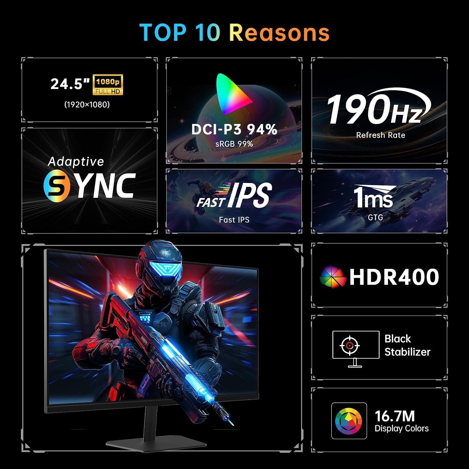 KTC 24 Inch Gaming Monitor, FHD 1080P@180Hz (OC 190Hz) Monior with Fast IPS Panel, 1ms Response Time, Adaptive Sync, HDR400, 133% sRGB, HDMI 2.0 / DP 1.4, Hardware Anti-Blue Light, VESA 100 * 100mm - Image 2