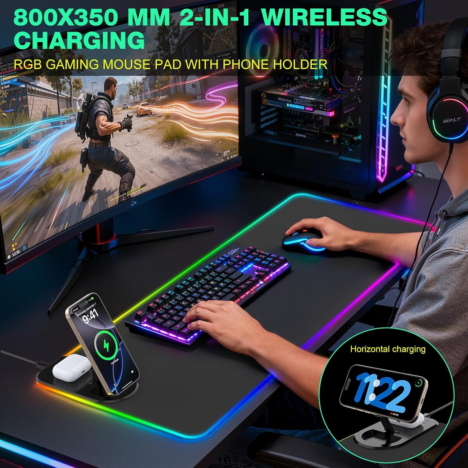 GIM 15W Wireless Charging RGB Gaming Mouse Mat with Foldable Stand - Image 7