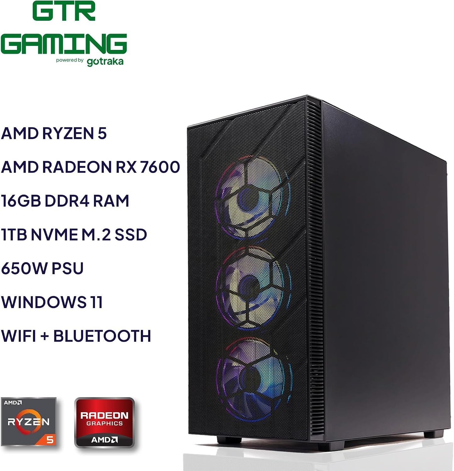 GTR Gaming PC – Ryzen 5 5500 Desktop Computer, Radeon RX 7600 8GB Graphics, 16GB DDR4 RAM, 1TB NVMe SSD, 650W Power Supply, Windows 11 Gaming Desktop PC, Wi-Fi, ARGB Case. - Image 6