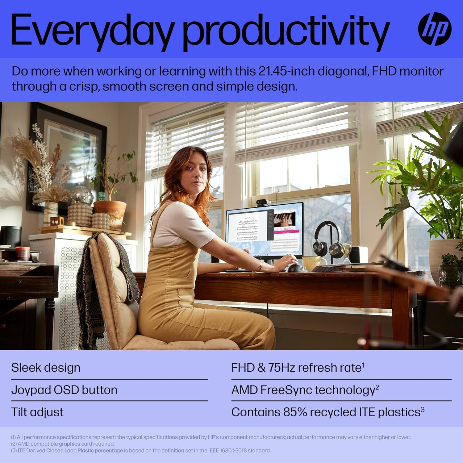 HP 21.4 5 inch Inch FHD Monitor | Full HD VA LCD Display |75hz Refresh Rate |200 Nits Brightness |3000:1 Contrast Ratio | AMD FreeSync Technology |Adjustable Tilt |1x HDMI 1.4, 1x VGA | Black |V22v G5 - Image 2